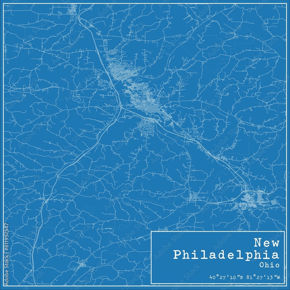 Blueprint US city map of New Philadelphia, Ohio.