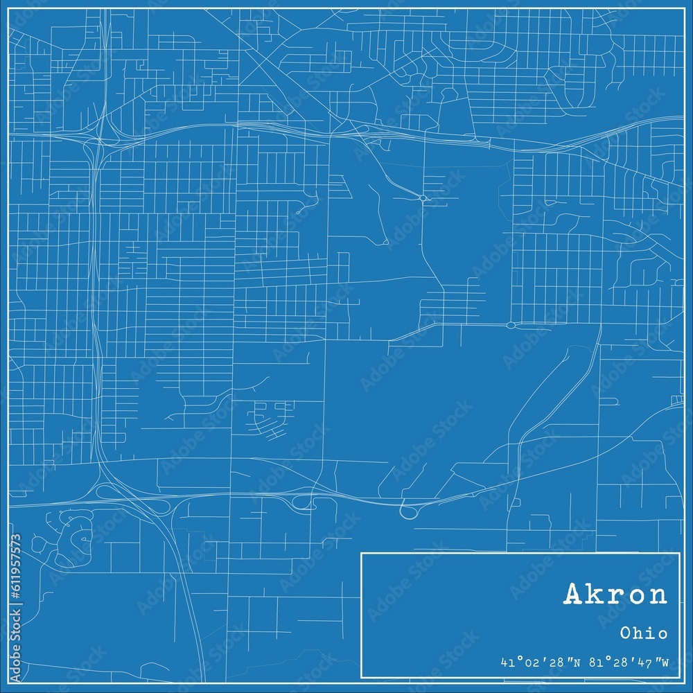 Blueprint US city map of Akron, Ohio.