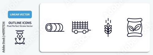 agriculture farming outline icons set. agriculture farming thin line icons pack included bale of hay, farm trailer, oat, seed bag vector.