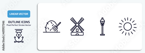 agriculture farming outline icons set. agriculture farming thin line icons pack included hay, flour mill, lamppost, sunny vector.