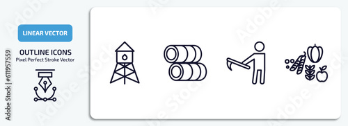 agriculture farming outline icons set. agriculture farming thin line icons pack included water tower, hay roll, farmer hoeing, farm products vector.