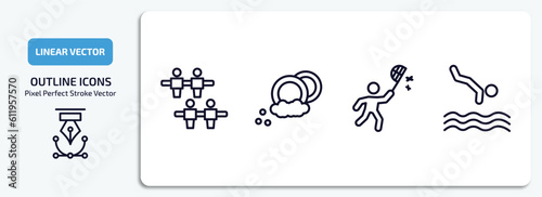activity and hobbies outline icons set. activity and hobbies thin line icons pack included foosball, dish washing, insect collecting, jumping to the water vector.