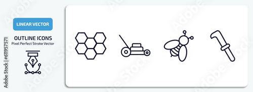 agriculture farming outline icons set. agriculture farming thin line icons pack included honeycomb, lawnmower, bees, billhook vector.
