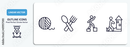 activity and hobbies outline icons set. activity and hobbies thin line icons pack included yarn ball, eating, parkour, sand art vector.