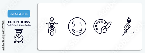 activity and hobbies outline icons set. activity and hobbies thin line icons pack included motorcycle riding, greedy, coloring, skiing vector.