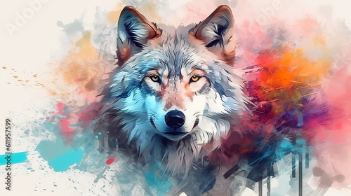 Gray wolf face illustration in abstract mixed grunge colors digital painting in minimal graphic art style. Natural predator in forest. Digital illustration generative AI.