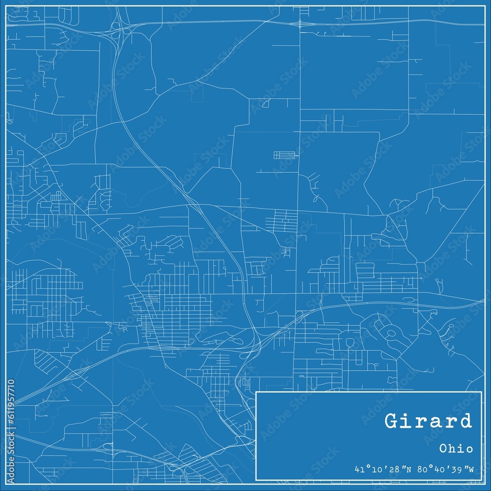Blueprint US city map of Girard, Ohio.
