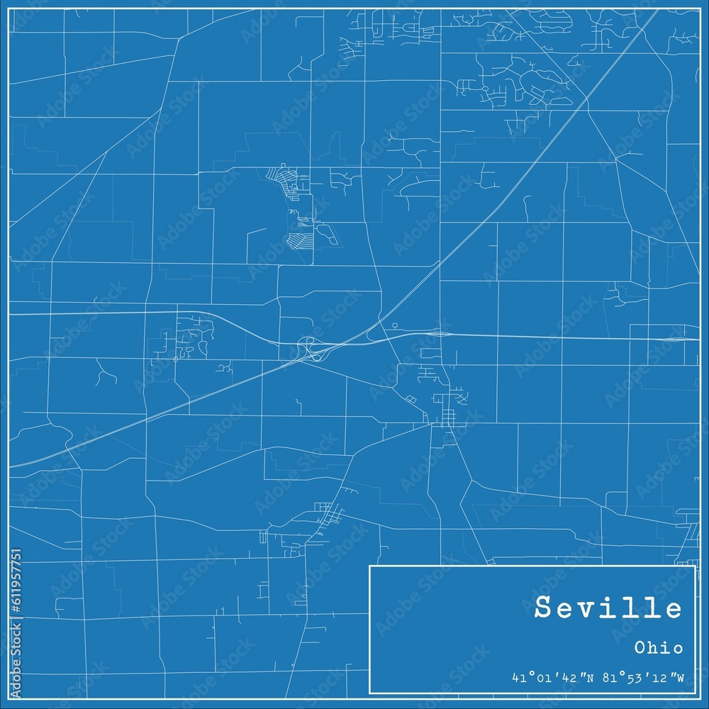 Blueprint US city map of Seville, Ohio.