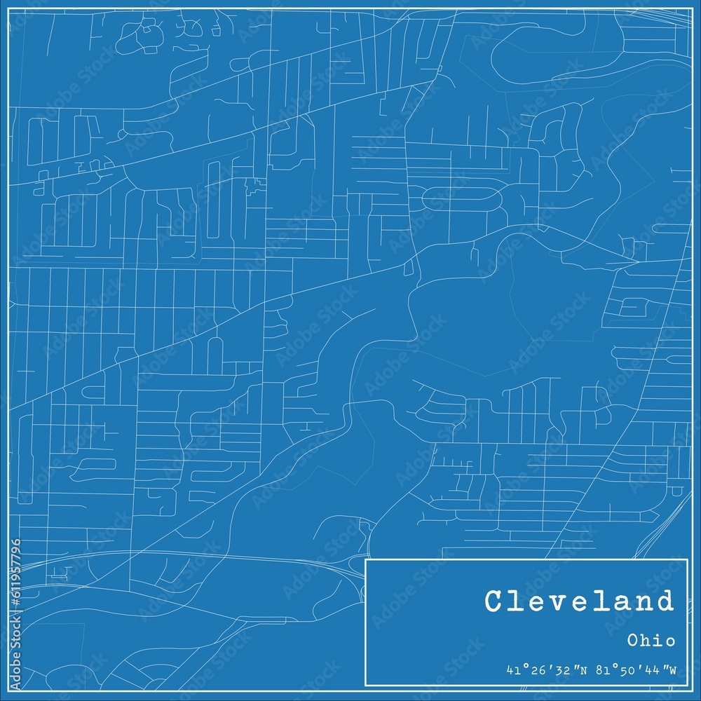 Blueprint US city map of Cleveland, Ohio.