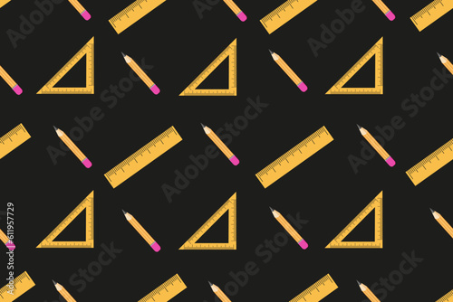 Seamless pattern with school Rulers and Pencil. Endless ornament with school supplies. Drawing tools on Chalkboard. Wallpaper and bed linen print. Vector illustration.