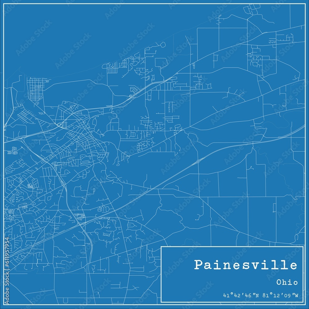 Blueprint US city map of Painesville, Ohio.
