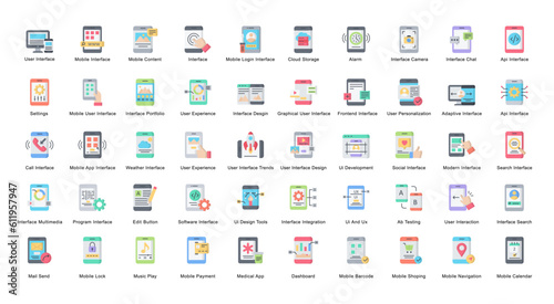 Mobile Interface Flat Icons API User Experience Color Iconset 50 Vector Icons