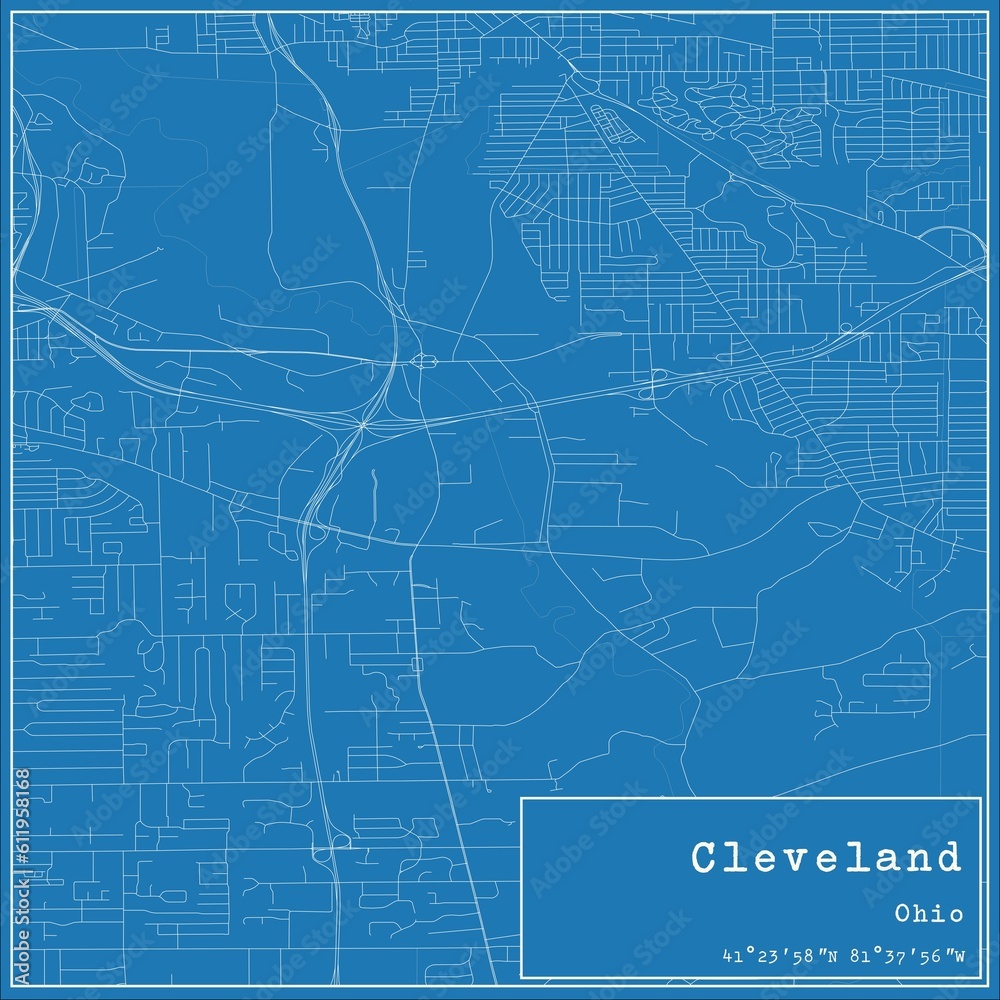 Blueprint US city map of Cleveland, Ohio.