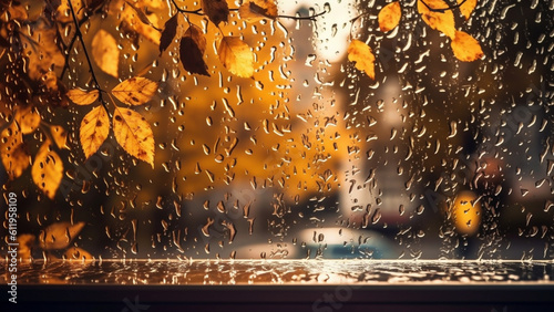 Autumn leaves on a rain window, in the style of spectacular backdrops with Generative AI.