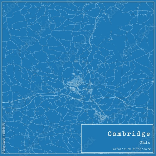 Blueprint US city map of Cambridge, Ohio.