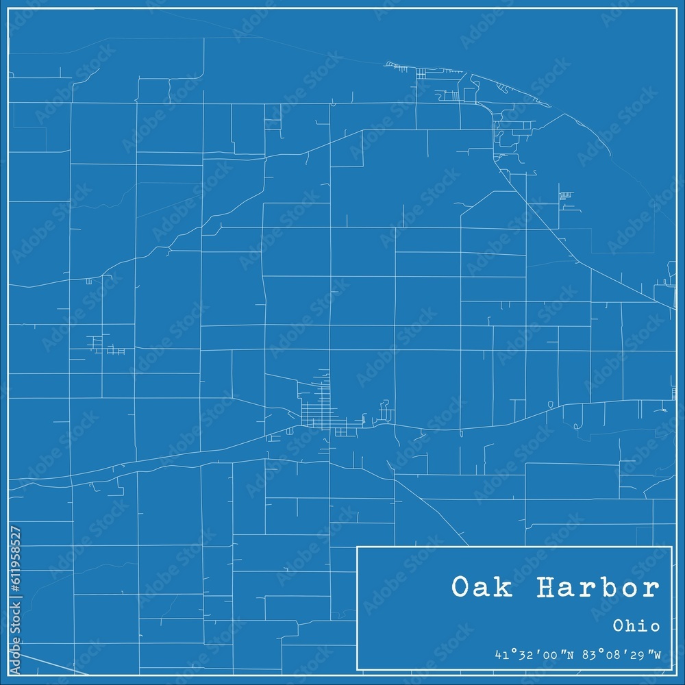 Blueprint US city map of Oak Harbor, Ohio.
