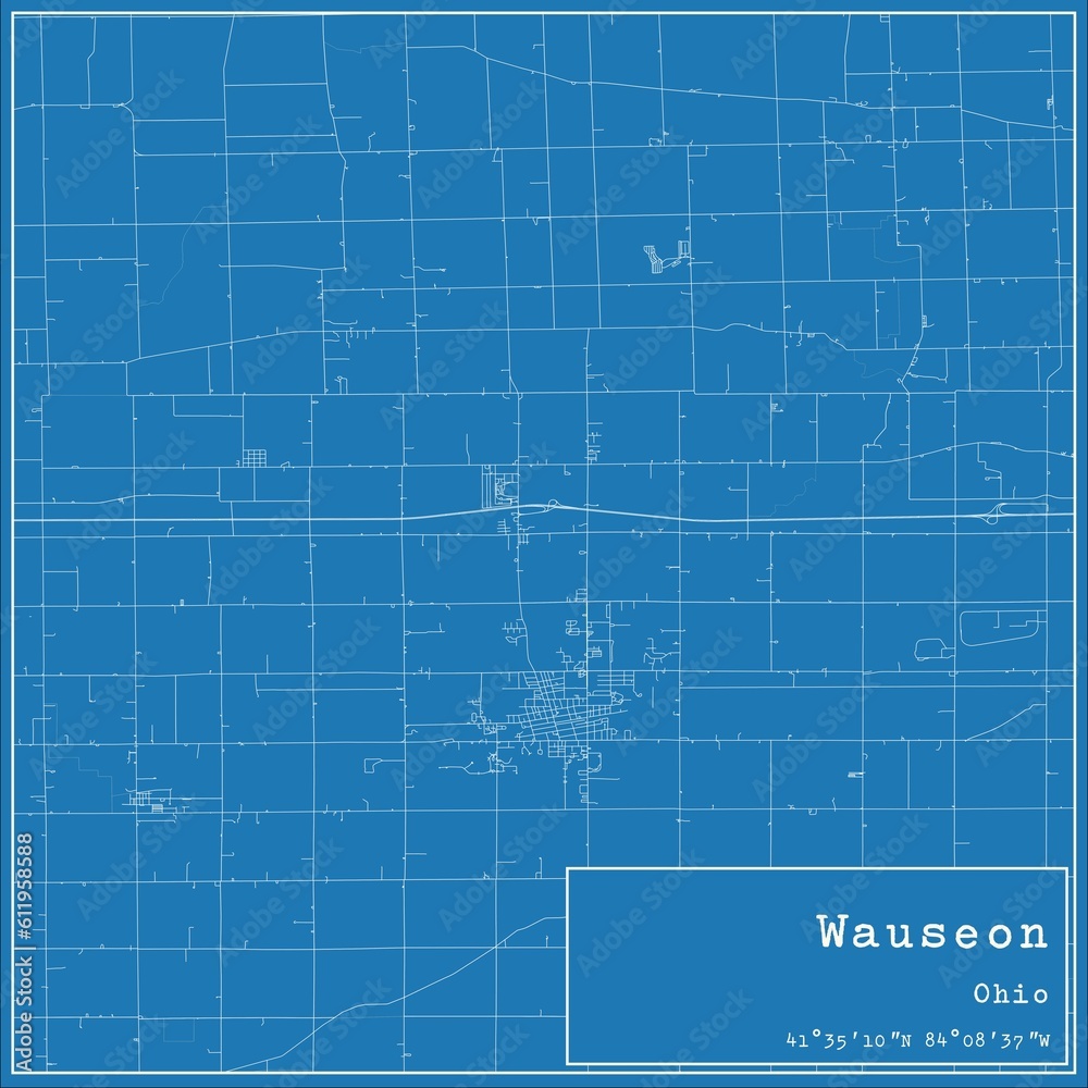 Blueprint US city map of Wauseon, Ohio.