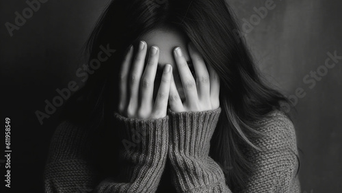 Woman in depression, Covers her face with her hands, Black and white photo. Generative AI.