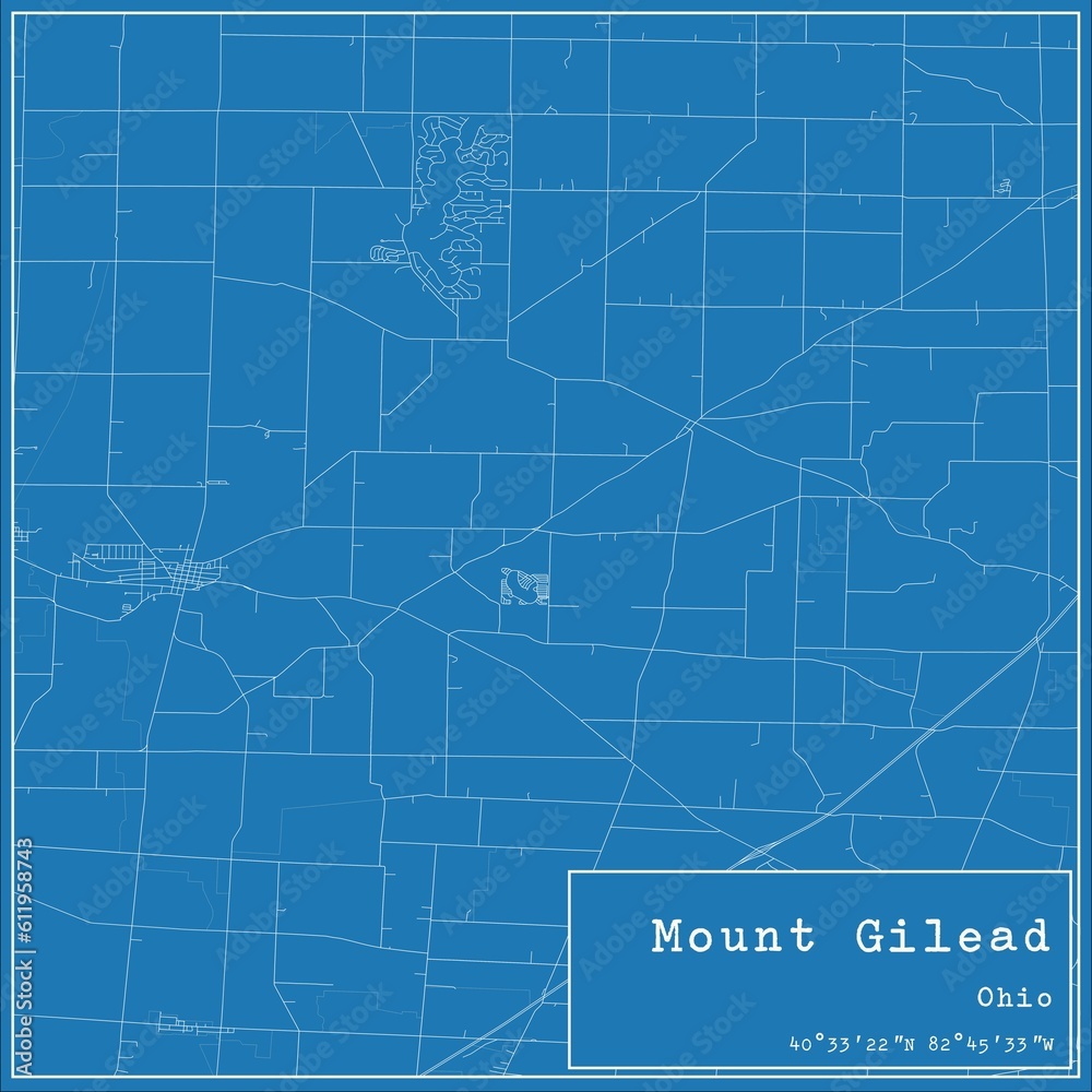 Blueprint US city map of Mount Gilead, Ohio.