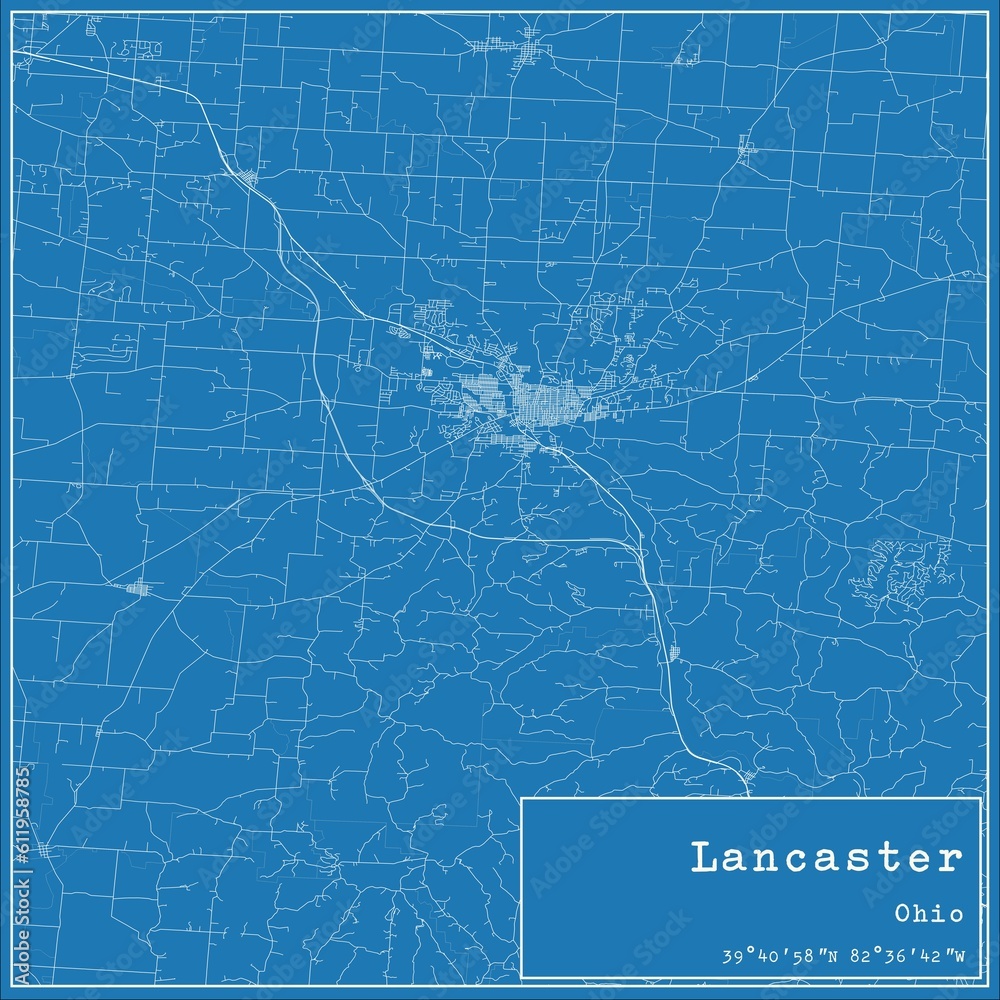 Blueprint US city map of Lancaster, Ohio.