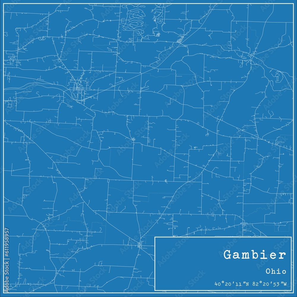 Blueprint US city map of Gambier, Ohio.
