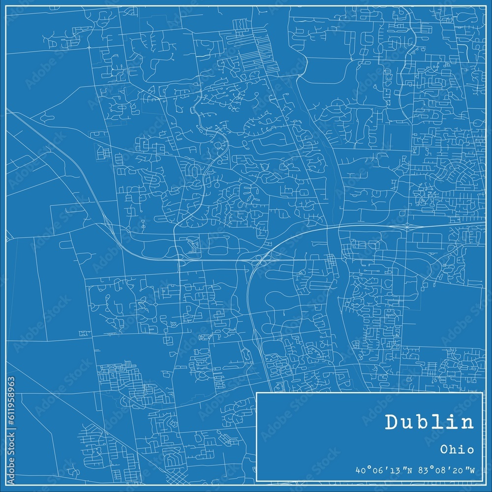 Blueprint US city map of Dublin, Ohio.
