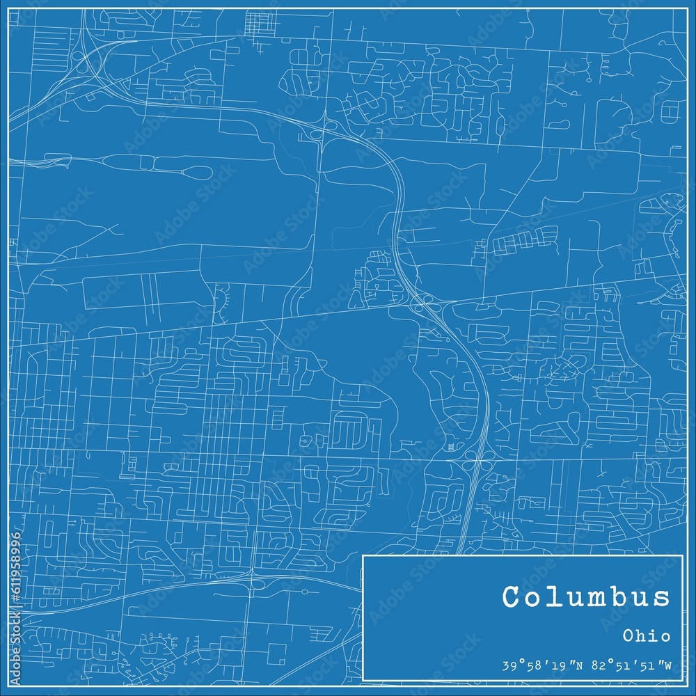 Blueprint US city map of Columbus, Ohio.