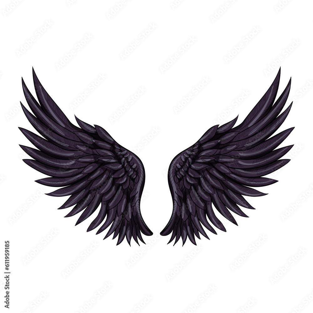 Hand drawn two black wing with feathers isolated on white background. Hand drawn design element for tattoo, label, branding. Vintage vector illustration. Black wings vector. Devil Wings Hand drawn two black wing with feathers isolated on white background. Hand drawn design element for tattoo, label, branding. Vintage vector illustration. Black wings vector. Devil Wings