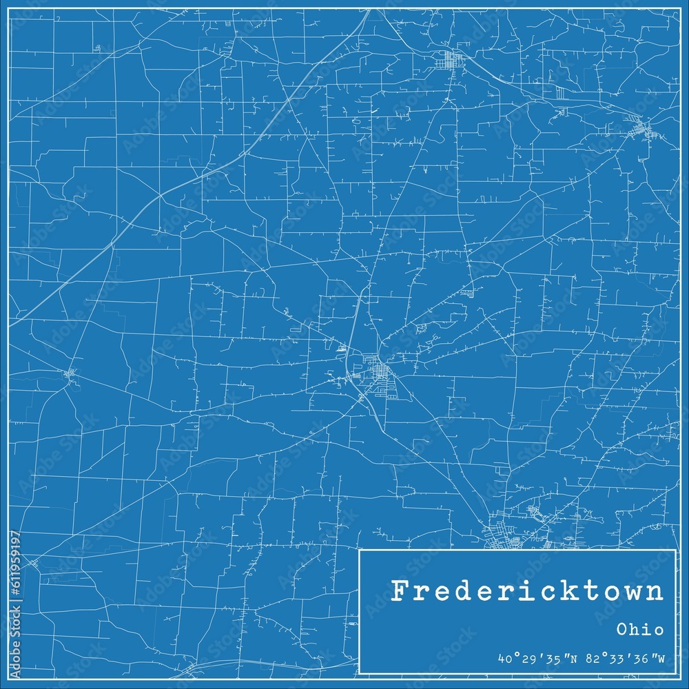 Blueprint US city map of Fredericktown, Ohio.