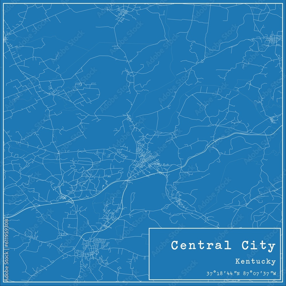 Blueprint US city map of Central City, Kentucky.