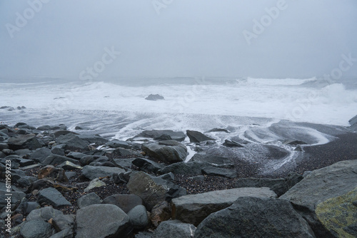 waves and rocks on the black beach