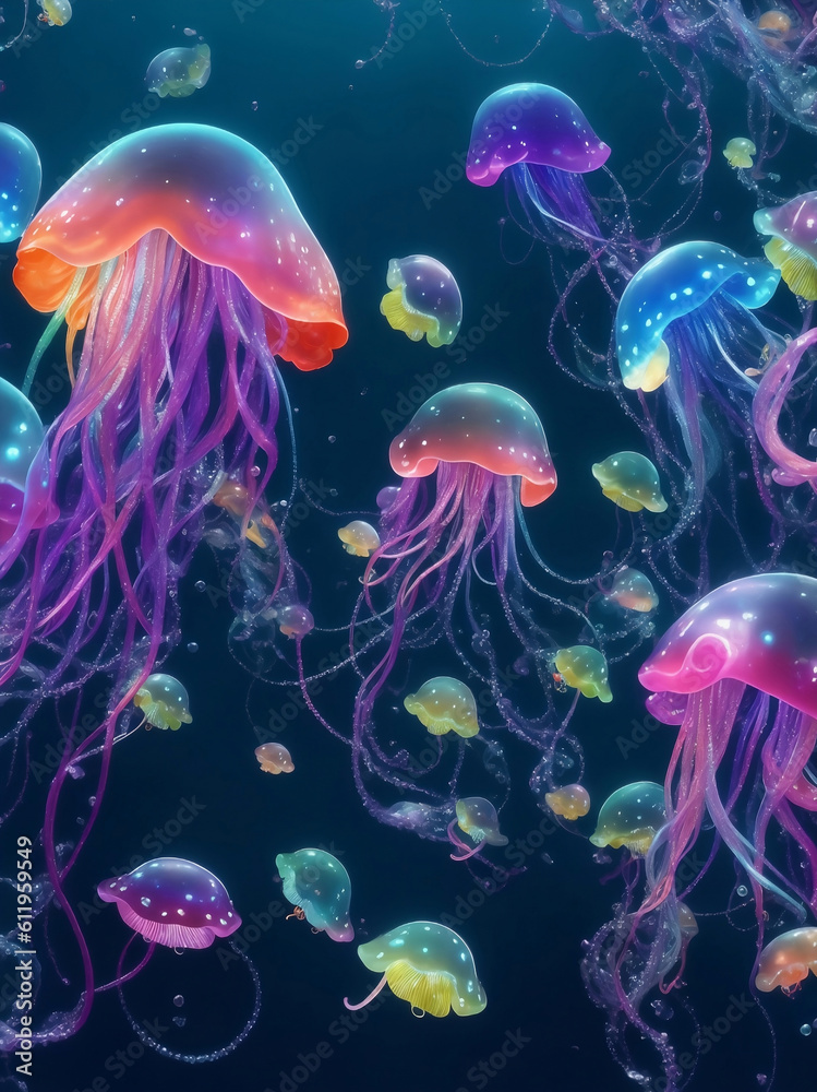 Colorful jellyfish under the sea, Generative AI Illustration. Colorful jellyfish under the sea, Generative AI Illustration.