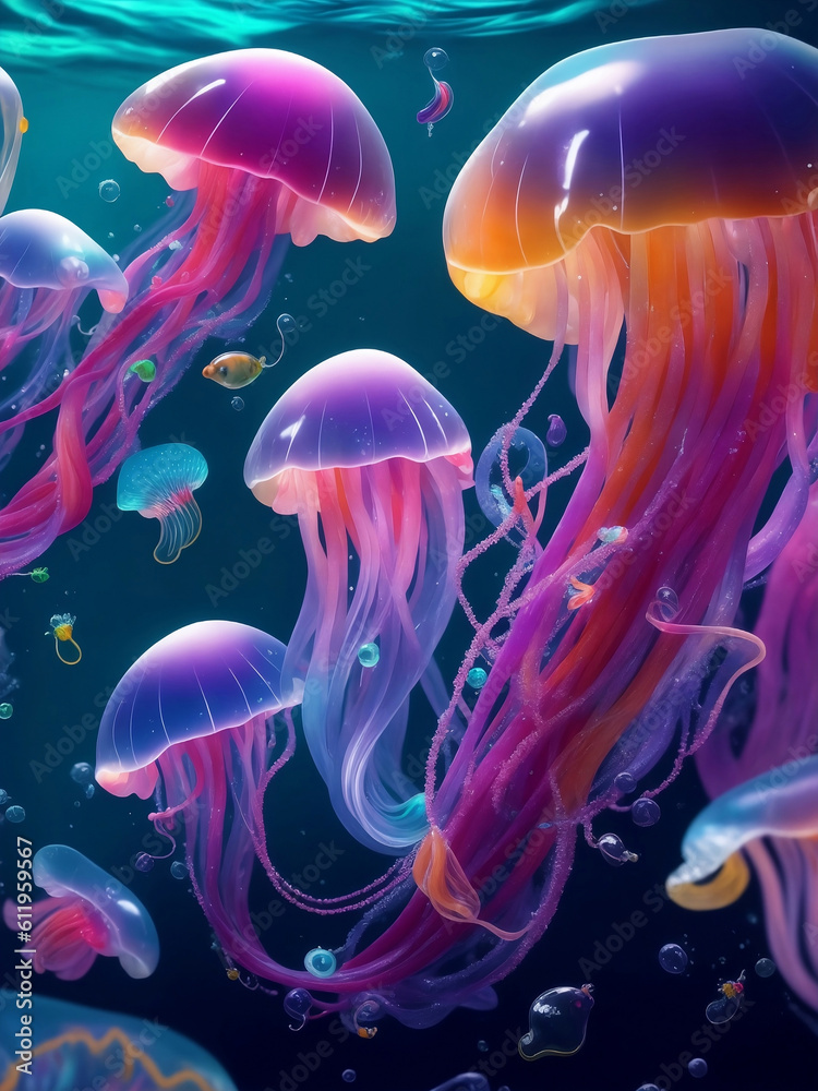 Colorful jellyfish under the sea, Generative AI Illustration. Colorful jellyfish under the sea, Generative AI Illustration.
