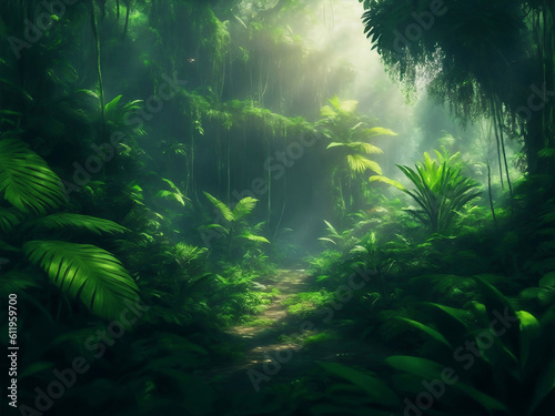 Green beautifull jungle background, Generative AI Illustration.