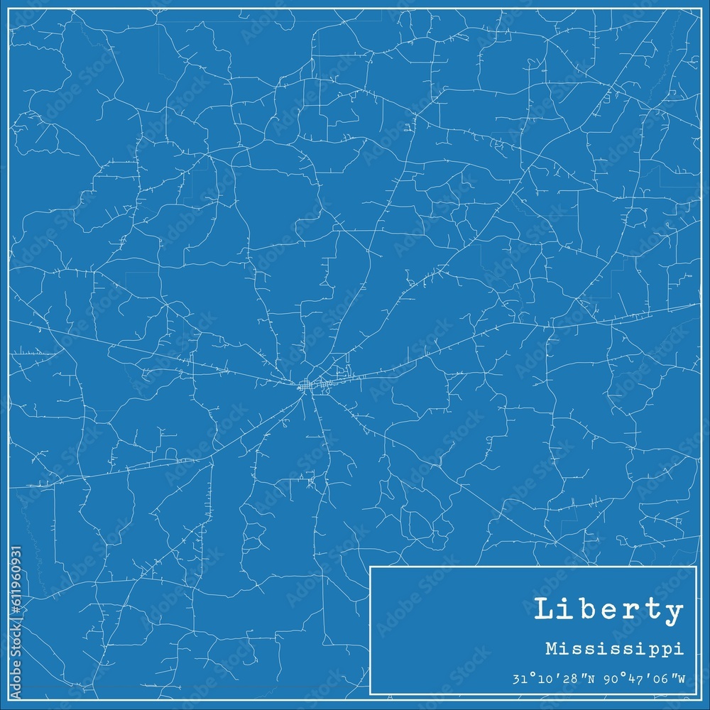 Blueprint US city map of Liberty, Mississippi.