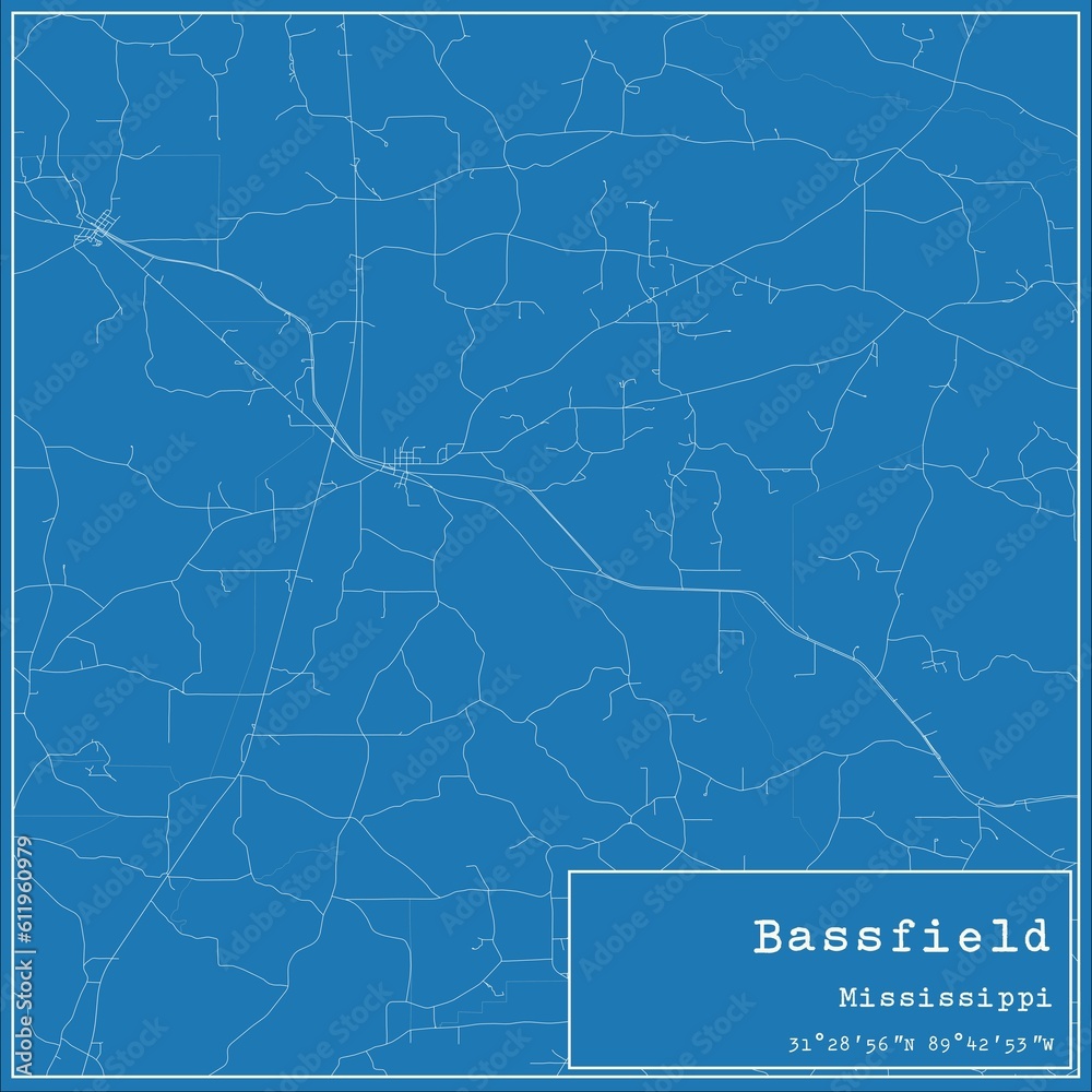 Blueprint US city map of Bassfield, Mississippi.