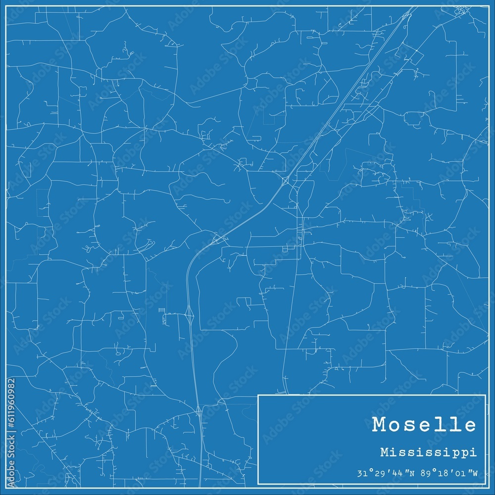 Blueprint US city map of Moselle, Mississippi.