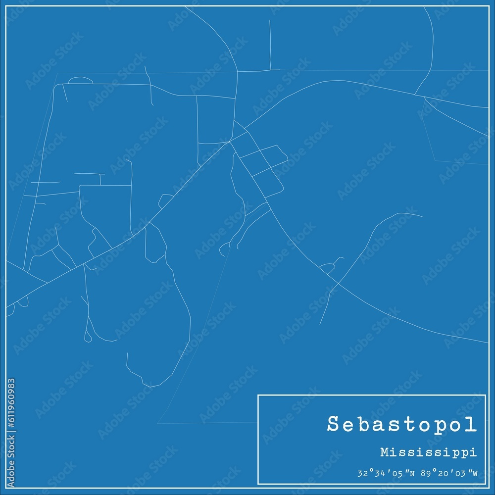 Blueprint US city map of Sebastopol, Mississippi.