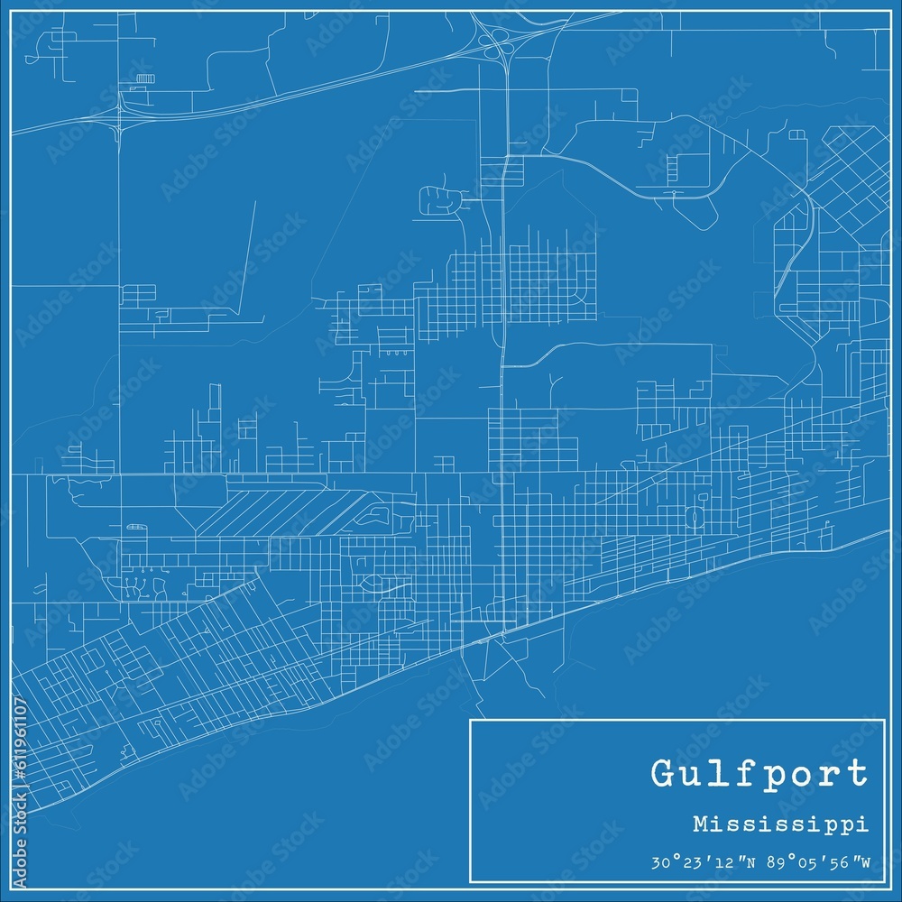 Blueprint US city map of Gulfport, Mississippi.