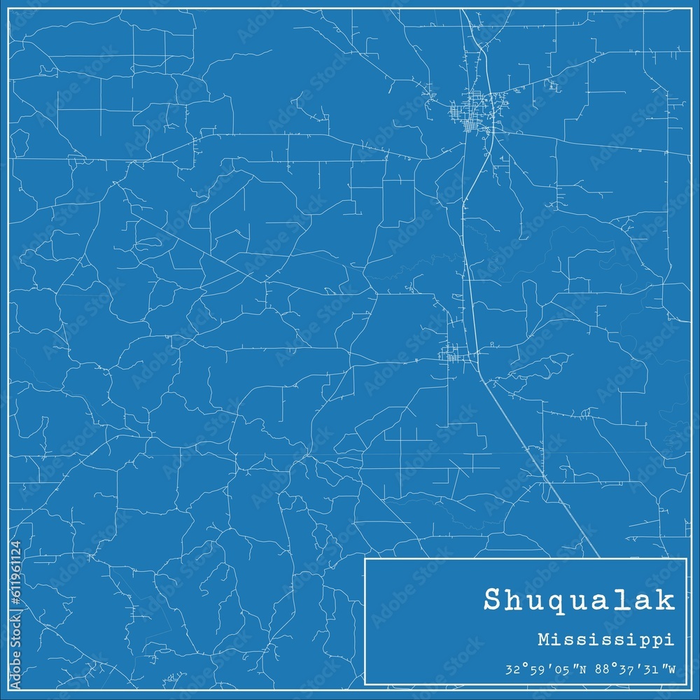 Blueprint US city map of Shuqualak, Mississippi.