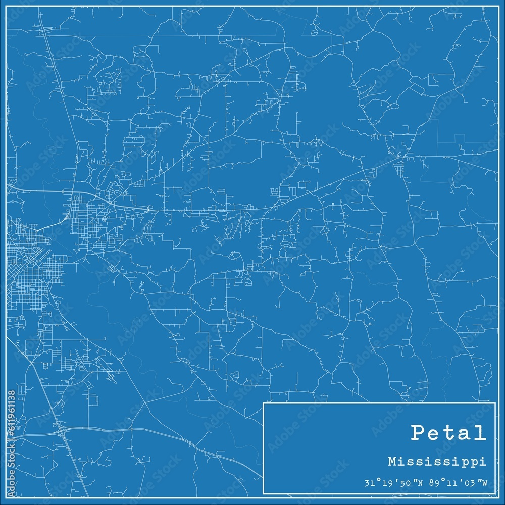 Blueprint US city map of Petal, Mississippi.