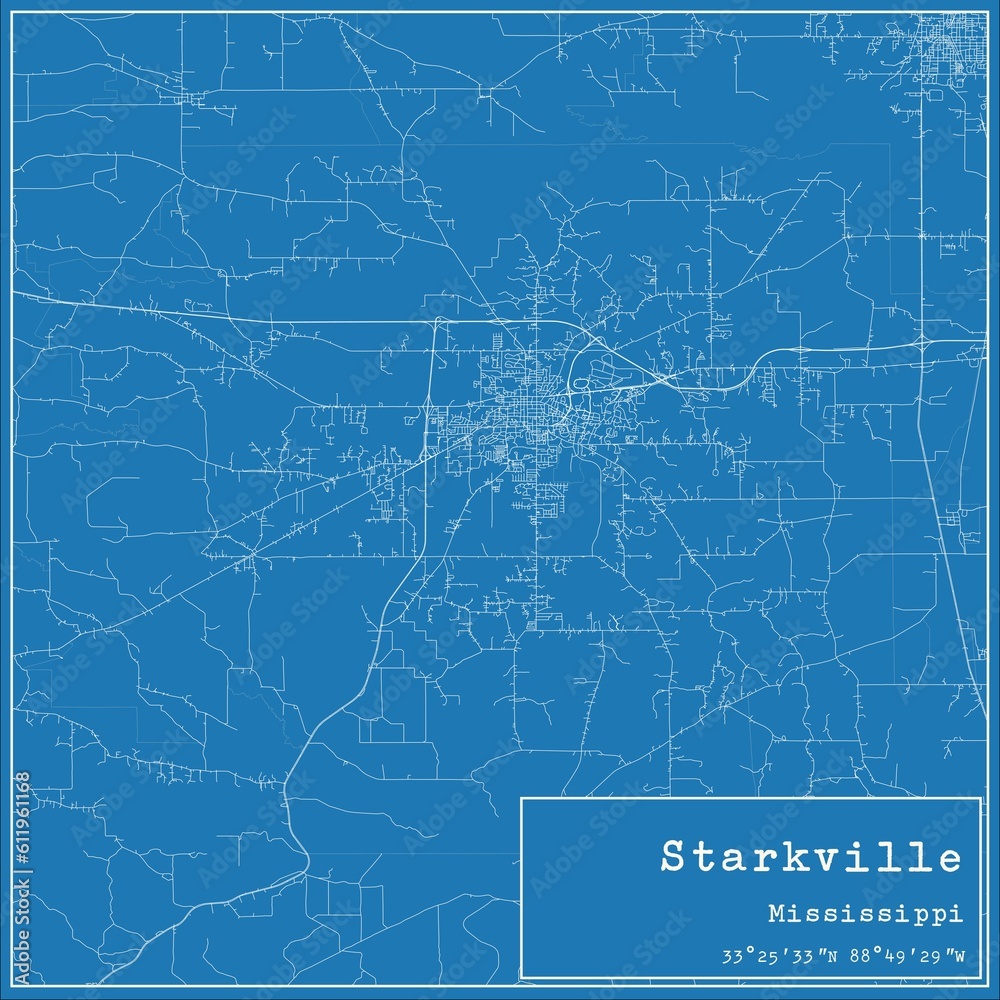 Blueprint US city map of Starkville, Mississippi.