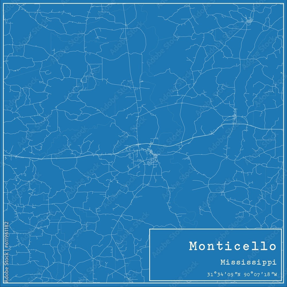 Blueprint US city map of Monticello, Mississippi.