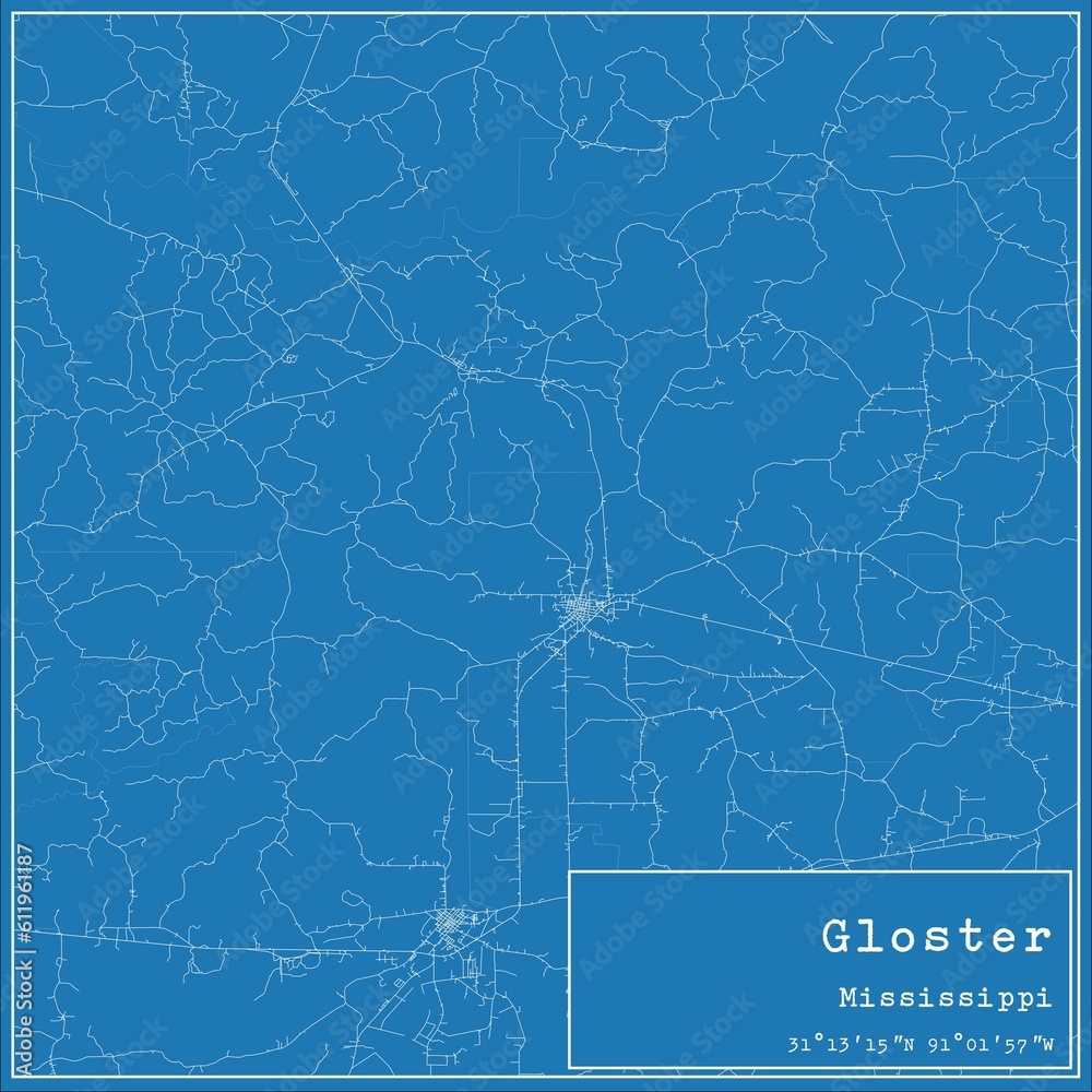 Blueprint US city map of Gloster, Mississippi.