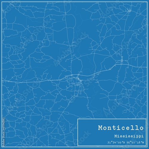 Blueprint US city map of Monticello  Mississippi.