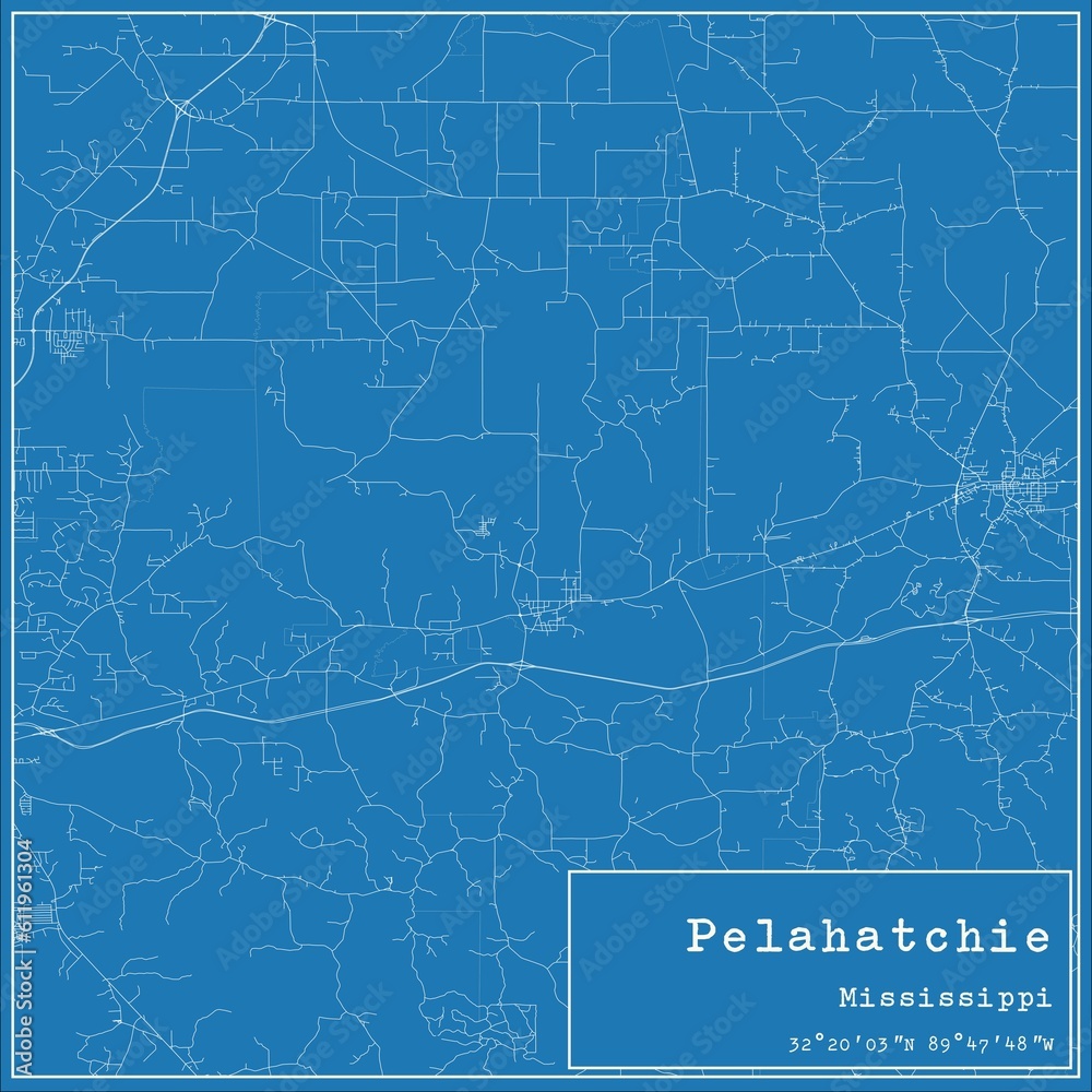 Blueprint US city map of Pelahatchie, Mississippi.