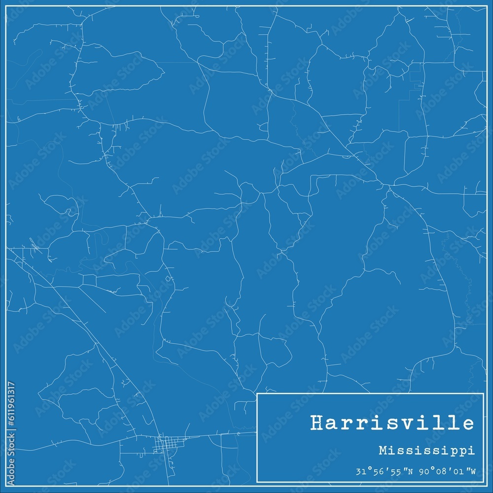 Blueprint US city map of Harrisville, Mississippi.
