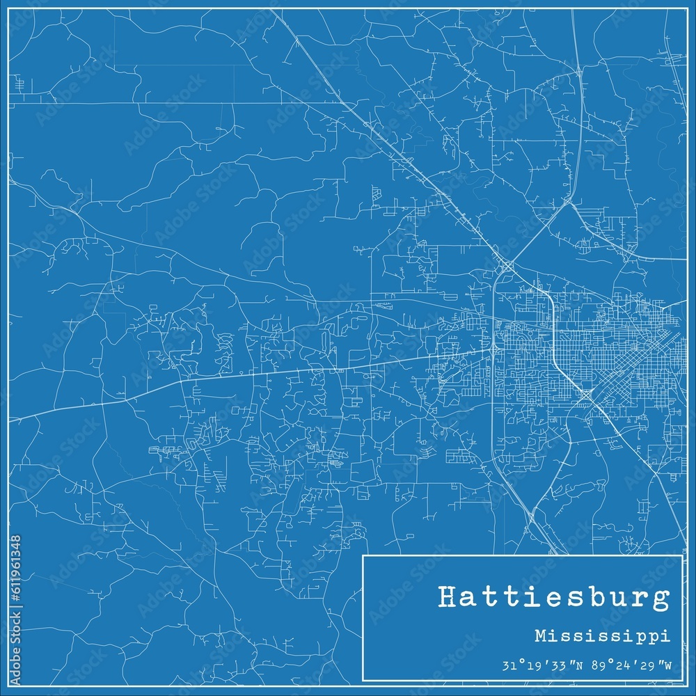 Blueprint US city map of Hattiesburg, Mississippi.
