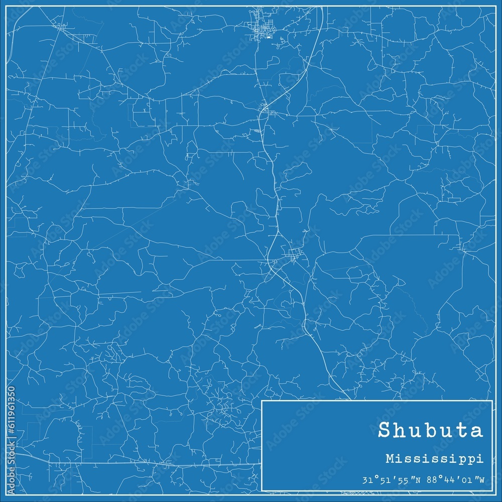 Blueprint US city map of Shubuta, Mississippi.