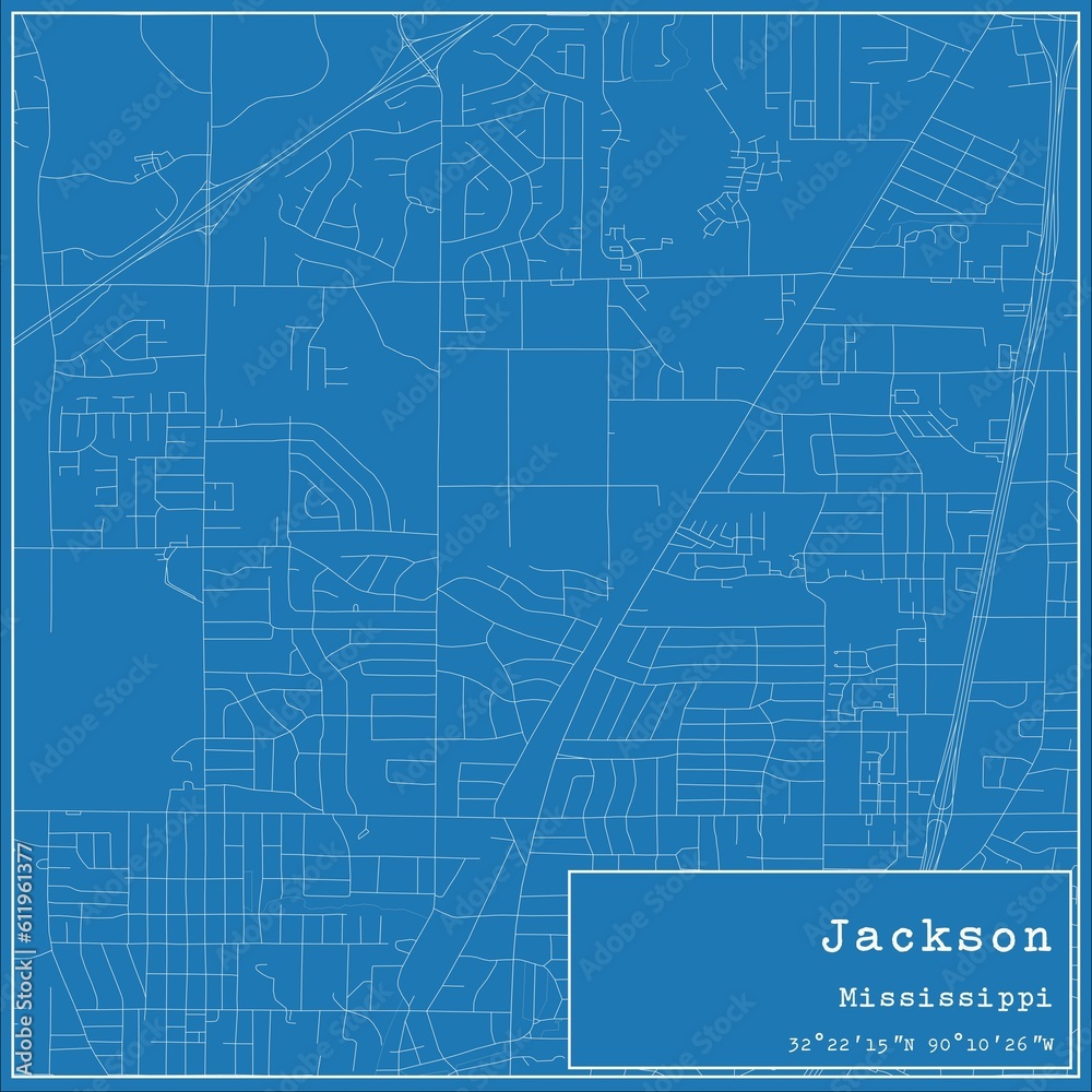 Blueprint US city map of Jackson, Mississippi. Blueprint US city map of Jackson, Mississippi.